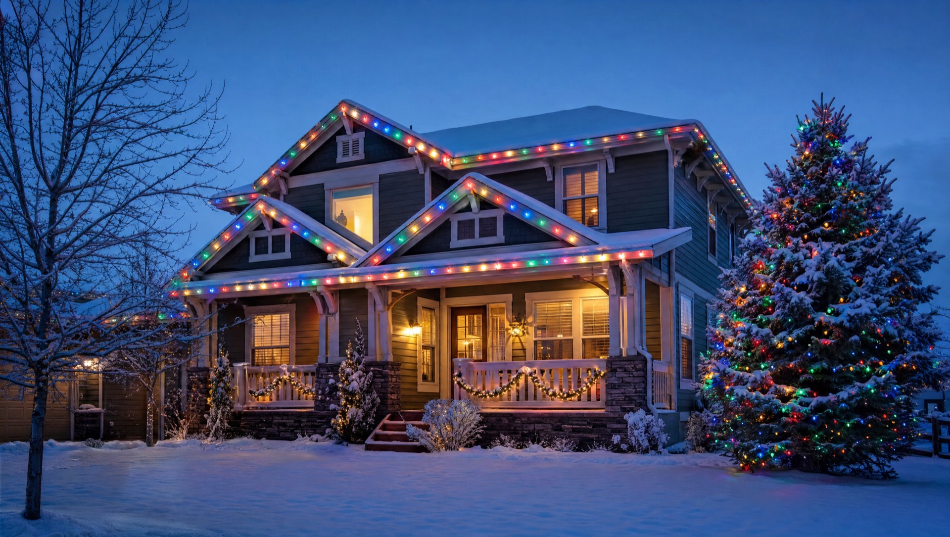 The same home with multicolor C9 lights on every roofline and a wrapped spruce