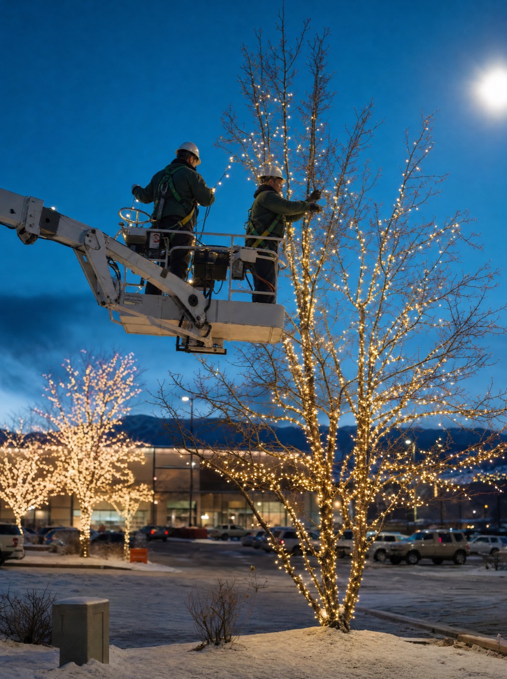 Two technicians in a boom lift wrapping a parking-lot tree in lights