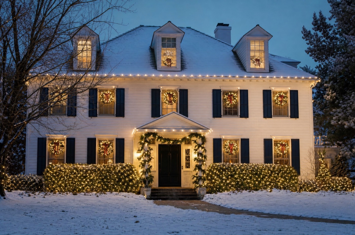 White colonial with warm white roofline and lit wreaths in every window