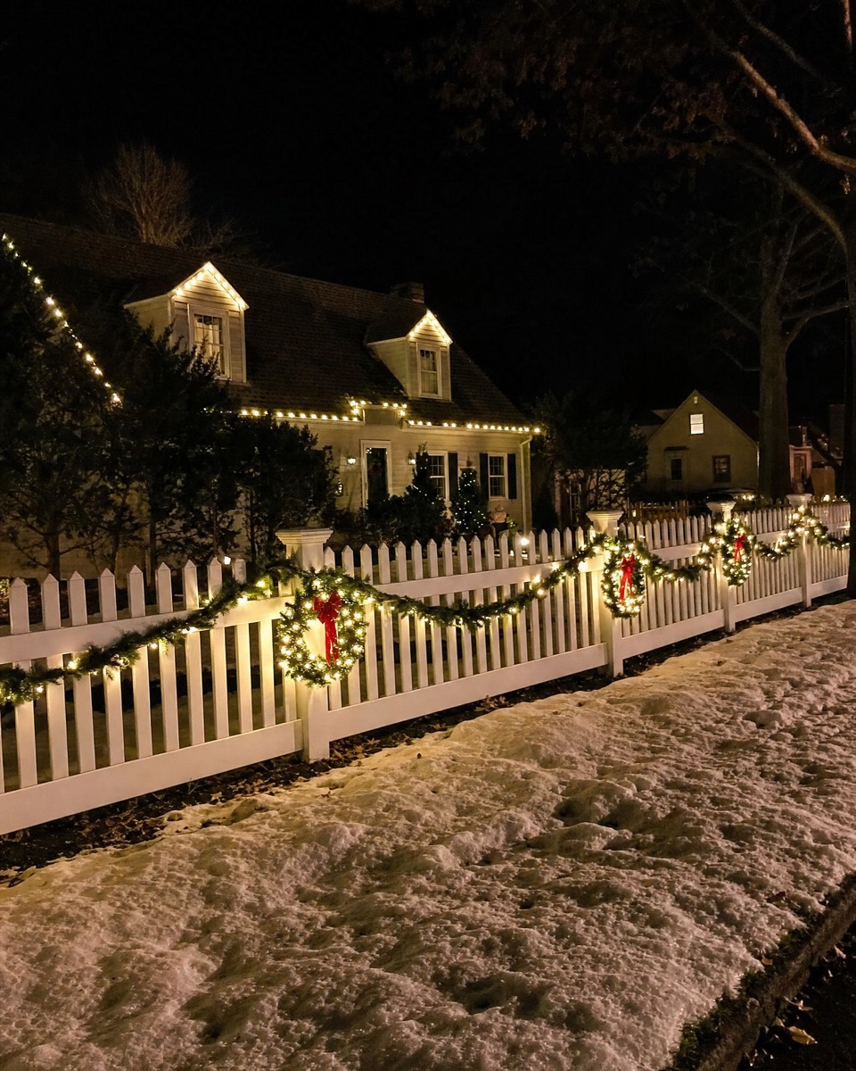 White picket fence in the snow draped with lit garland and small lit wreaths