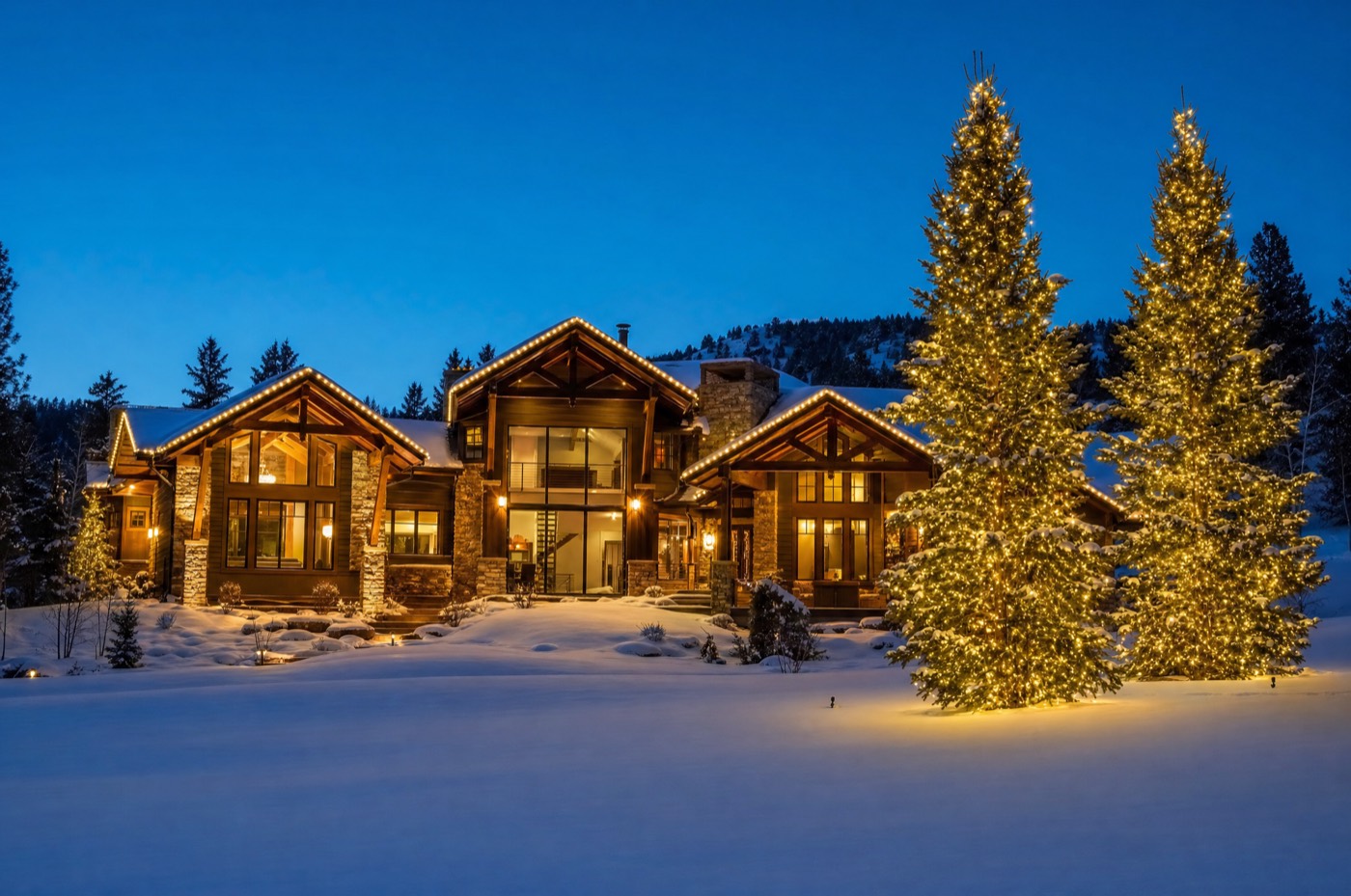 Mountain-modern home with warm white rooflines and wrapped spruces