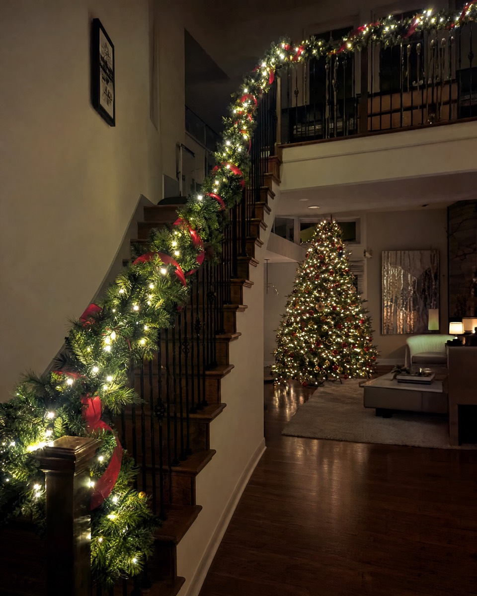 Indoor staircase banister wrapped in lit garland with a lit tree below