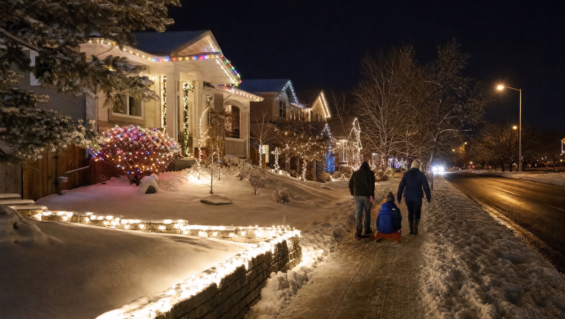 Snowy suburban street at night with several homes lit for Christmas and a family pulling a sled