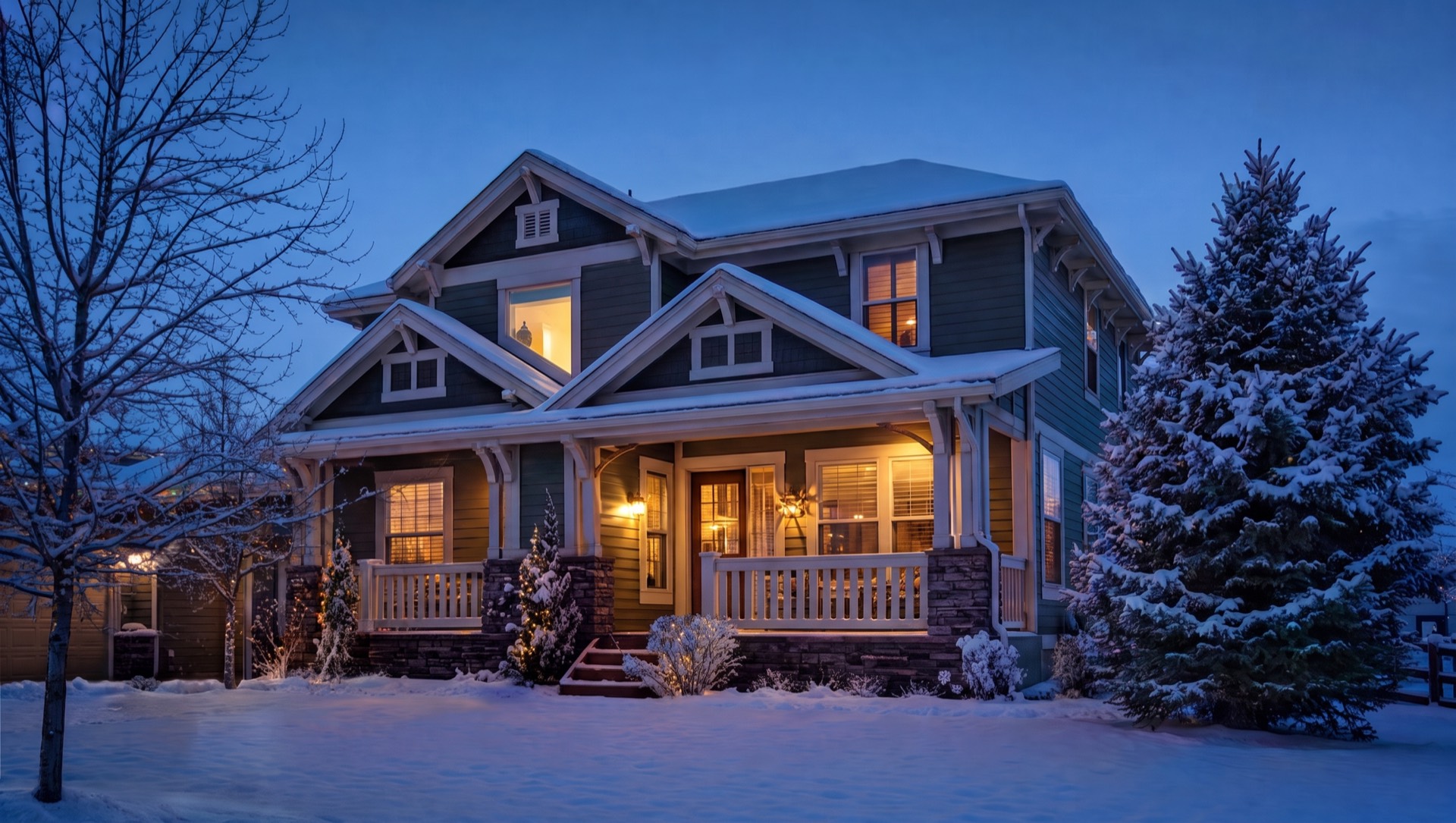Craftsman home in the snow at dusk with no Christmas lights