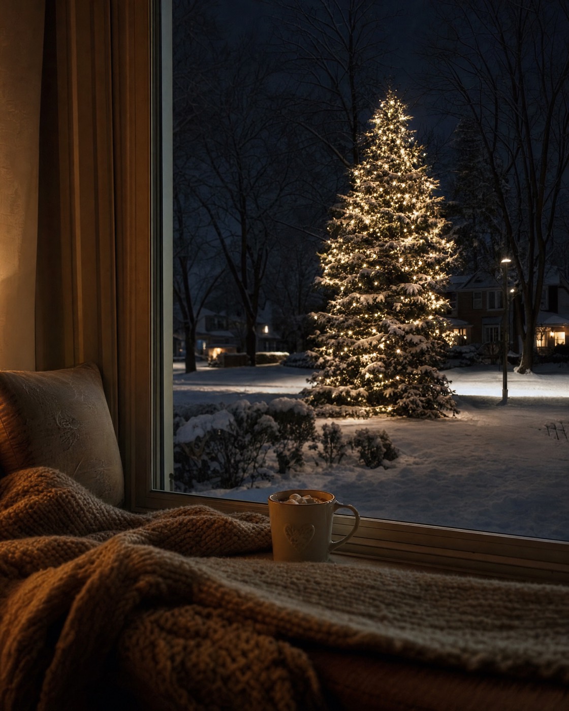 View from a cozy window seat with cocoa to a lit spruce in a snowy yard